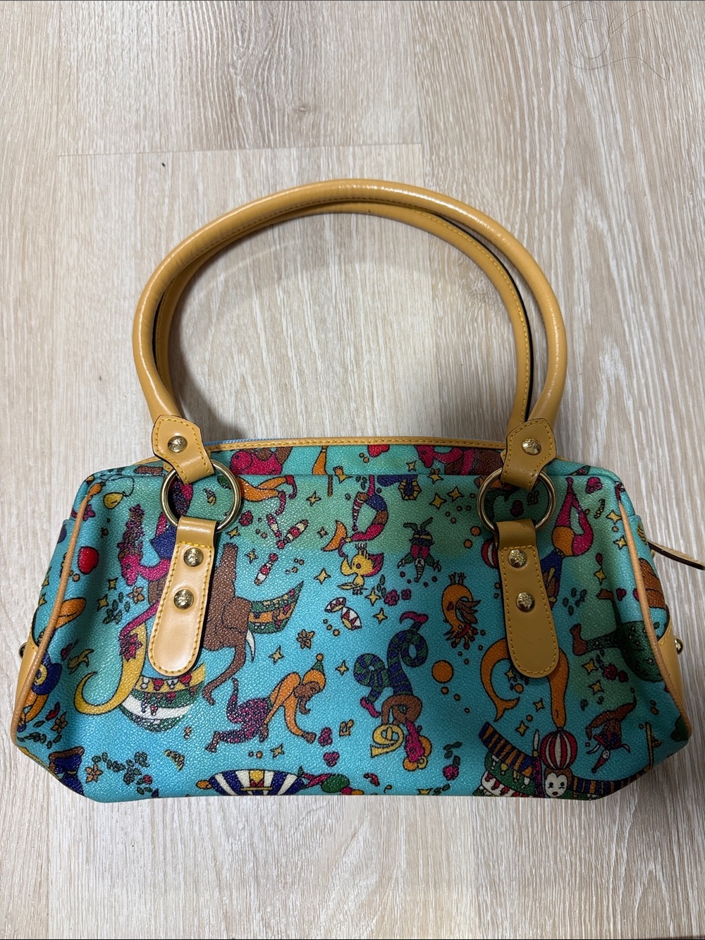 Piero Guidi Turquoise Mermaid-Print Shoulder Bag with Mustard Handles